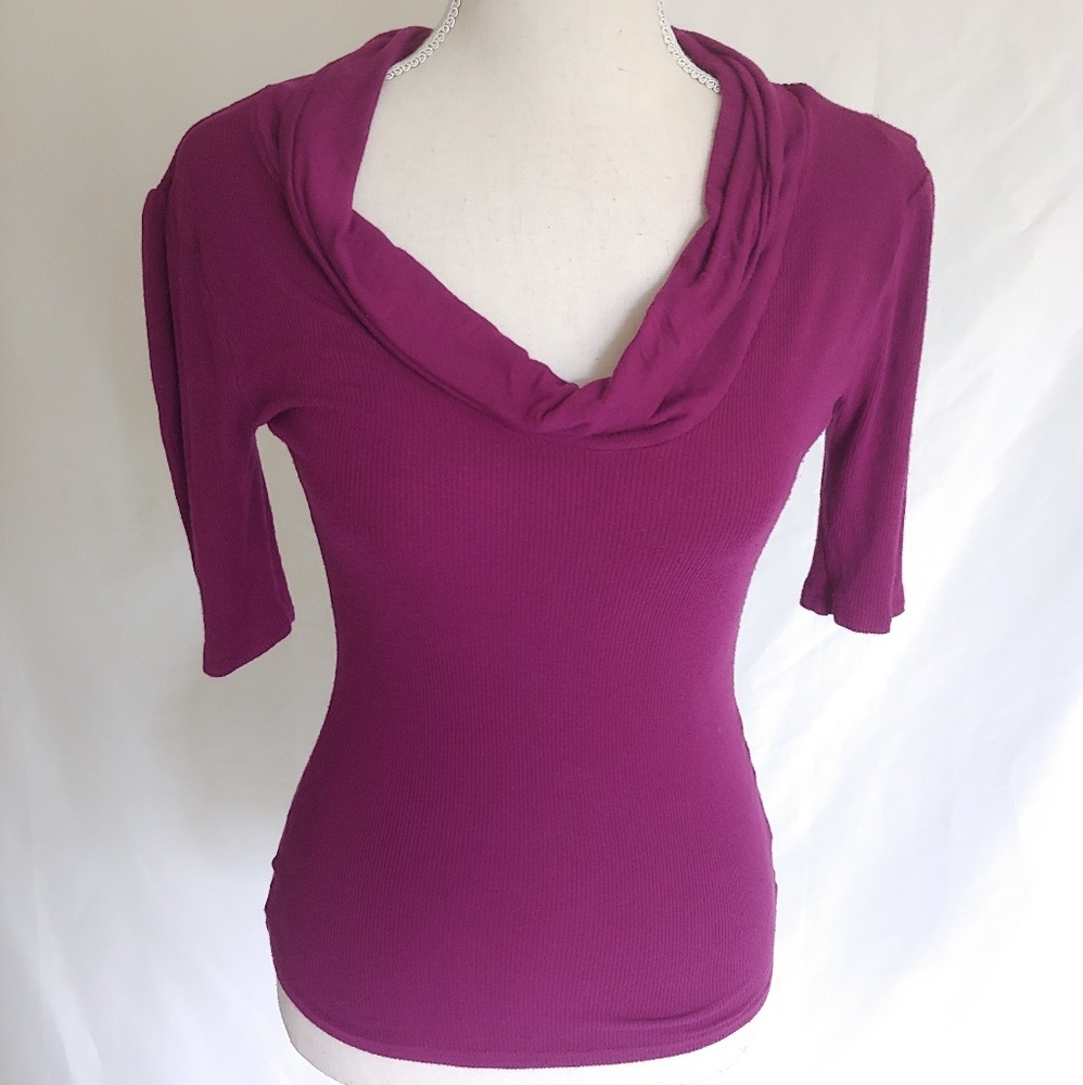 Derek Heart Magenta Rib 3/4 Sleeve Cowl Neck Top